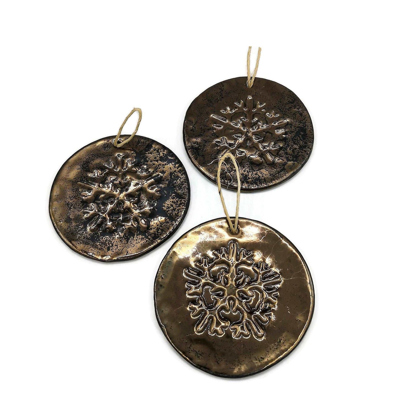 1Pc Golden Handmade Ceramic Snowflake Ornament, Metal Look Christmas Tree Decoration, Gift Idea