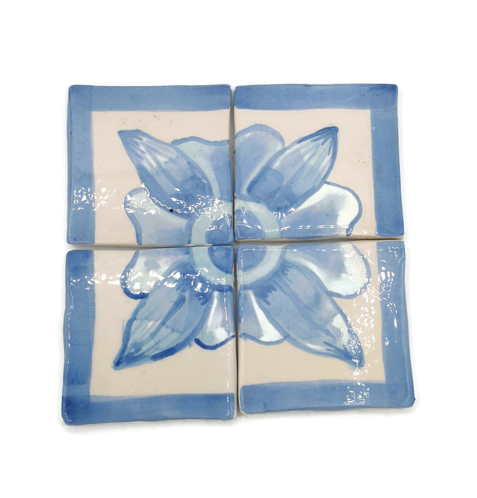 15cm/5.9in Handmade Ceramic Blue And White Tile Panel With Hand Painted Floral Motif, Square Mosaic Panel Kitchen Backsplash Portuguese Tile