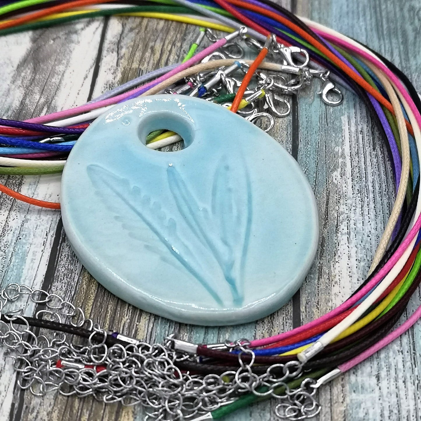 Large Necklace Pendant For Jewelry Making, Turquoise Blue Pressed Lavender Leaves Eclectic Ceramic Charms, Artisan Statement Pendant - Ceramica Ana Rafael