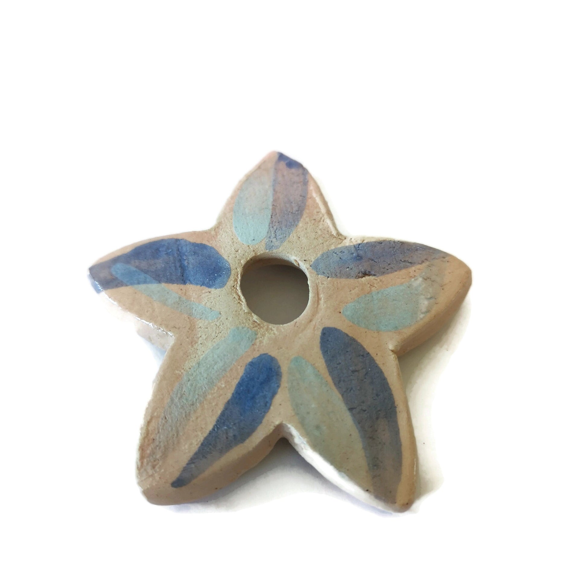 Handmade Ceramic Large Necklace Pendant For Jewelry Making, Big Artisan Flower Charms Hand Painted Beige And Blue, Cute Clay Charms - Ceramica Ana Rafael