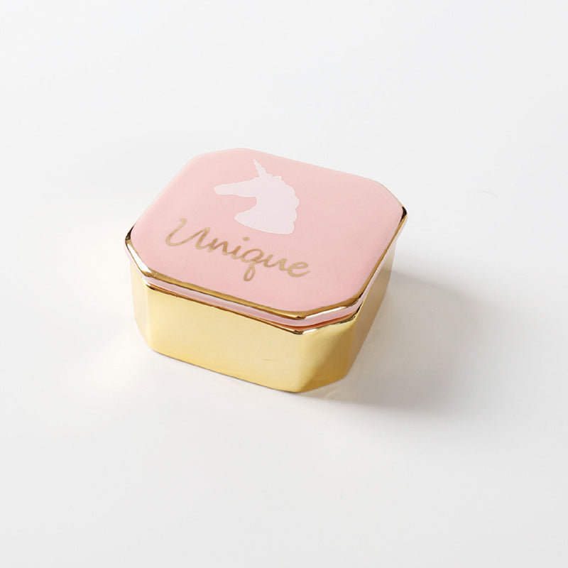 Square Ceramic Jewelry Box | 7x7cm Gift Box | Cat, Unicorn, Golden Lid