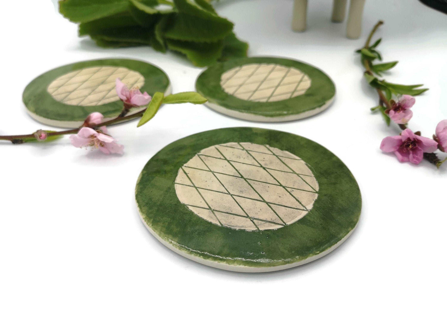 1Pc Handmade Ceramic Geometric Coaster For Drinks, Housewarming Gift First Home, Green Coasters Best Office Desk Accessories Gifts For Him