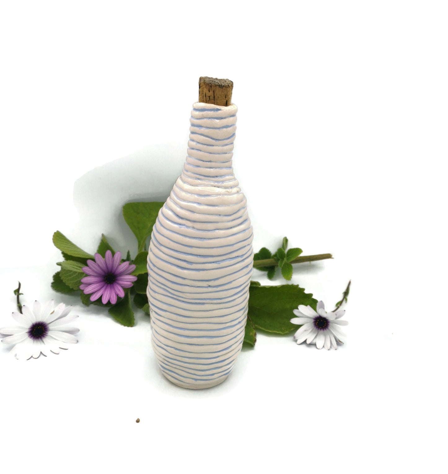 Handmade Ceramic Decorative Blue Bottle With Natural Cork Stopper, Farmhouse Decor Vase Best Gifts For Him, Dad Birthday Gift From Daughter - Ceramica Ana Rafael