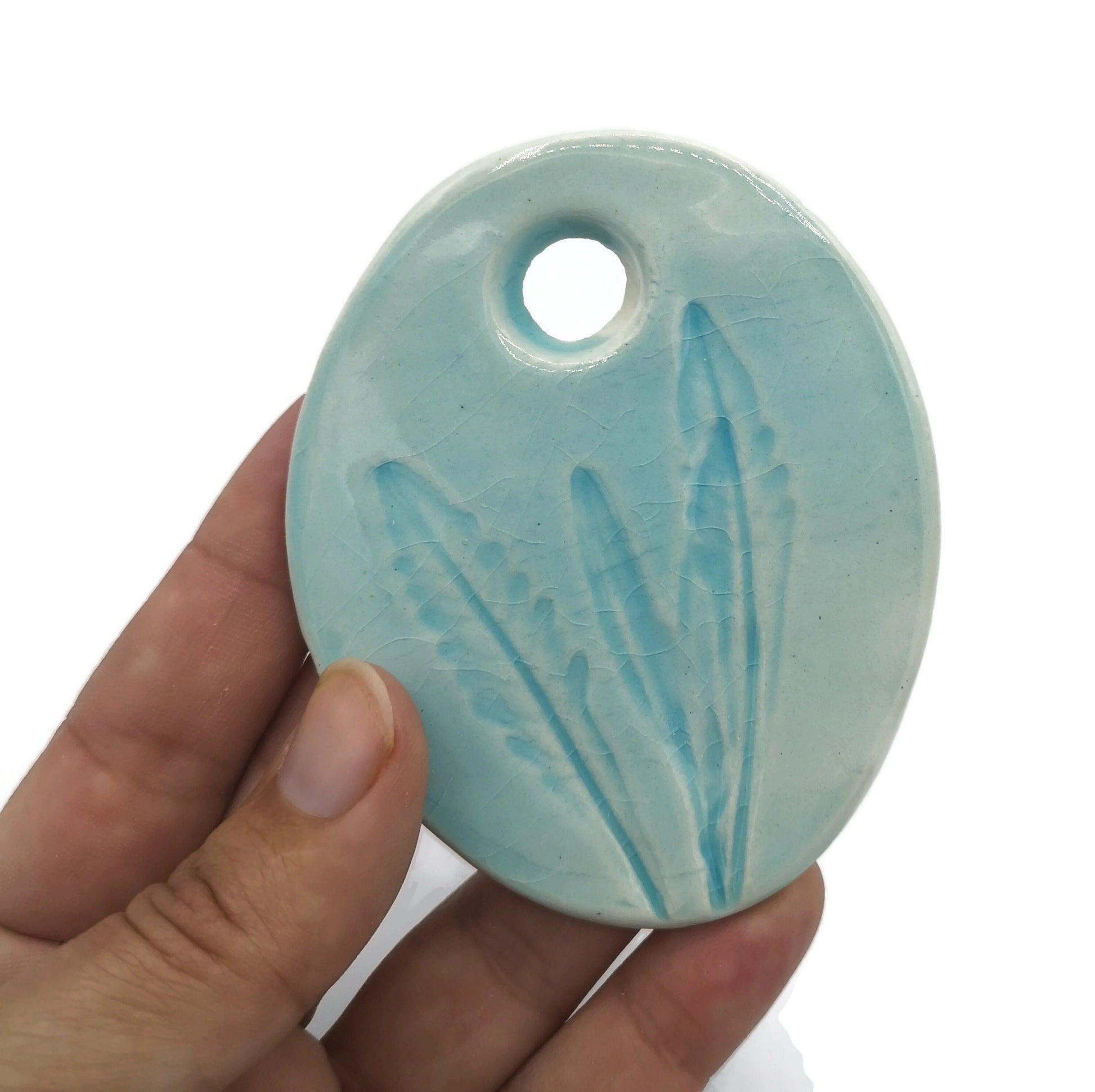 Large Necklace Pendant For Jewelry Making, Turquoise Blue Pressed Lavender Leaves Eclectic Ceramic Charms, Artisan Statement Pendant - Ceramica Ana Rafael