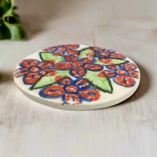 Handpainted Floral Large Ceramic Coaster – Round Artisan Cork-Backed Tile