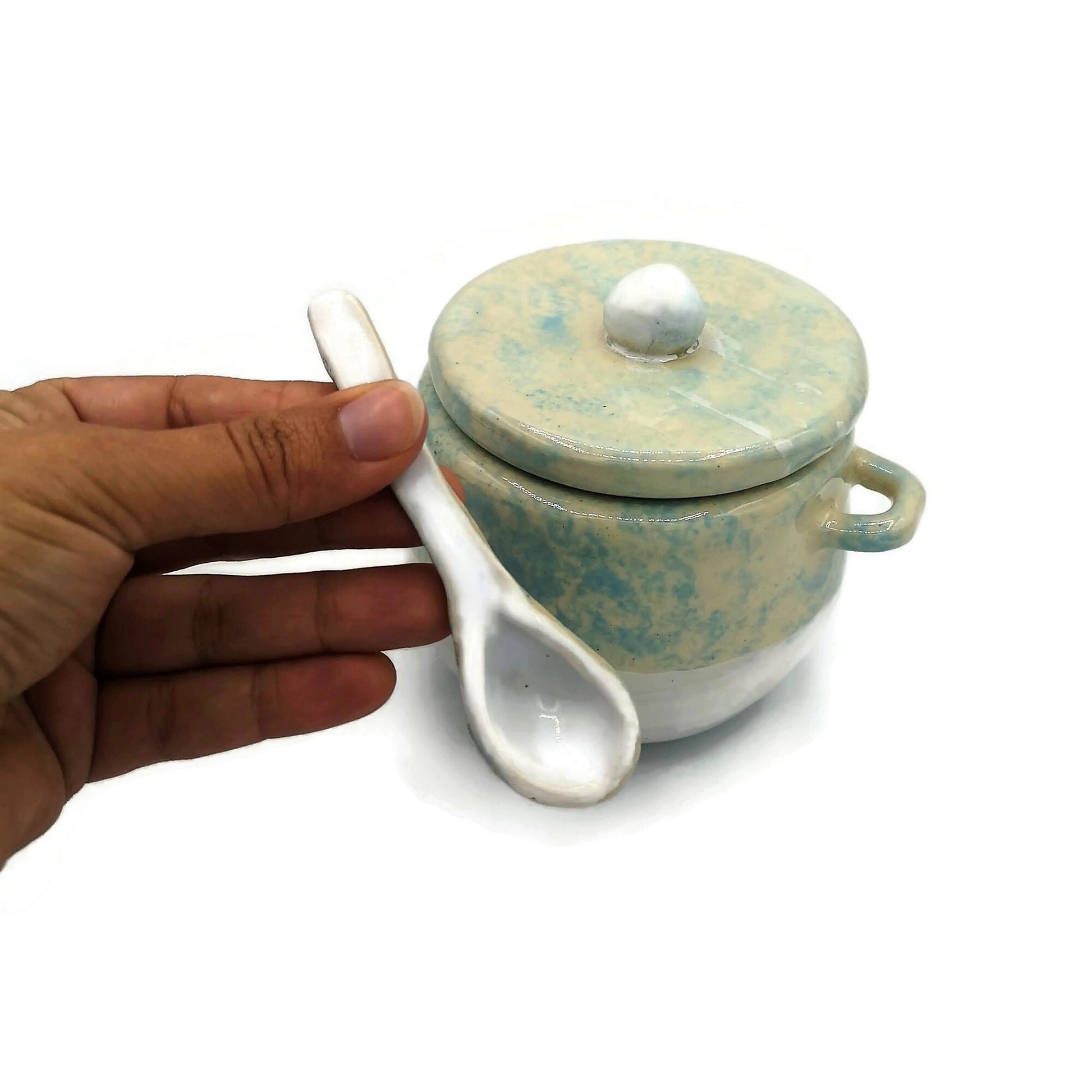 STONEWARE SUGAR BOWL With Lid And Spoon, Modern Ceramic Salt Bowl, Housewarming Gift First Home, Mothers Day Gift From Daughter, Sugar Jar - Ceramica Ana Rafael