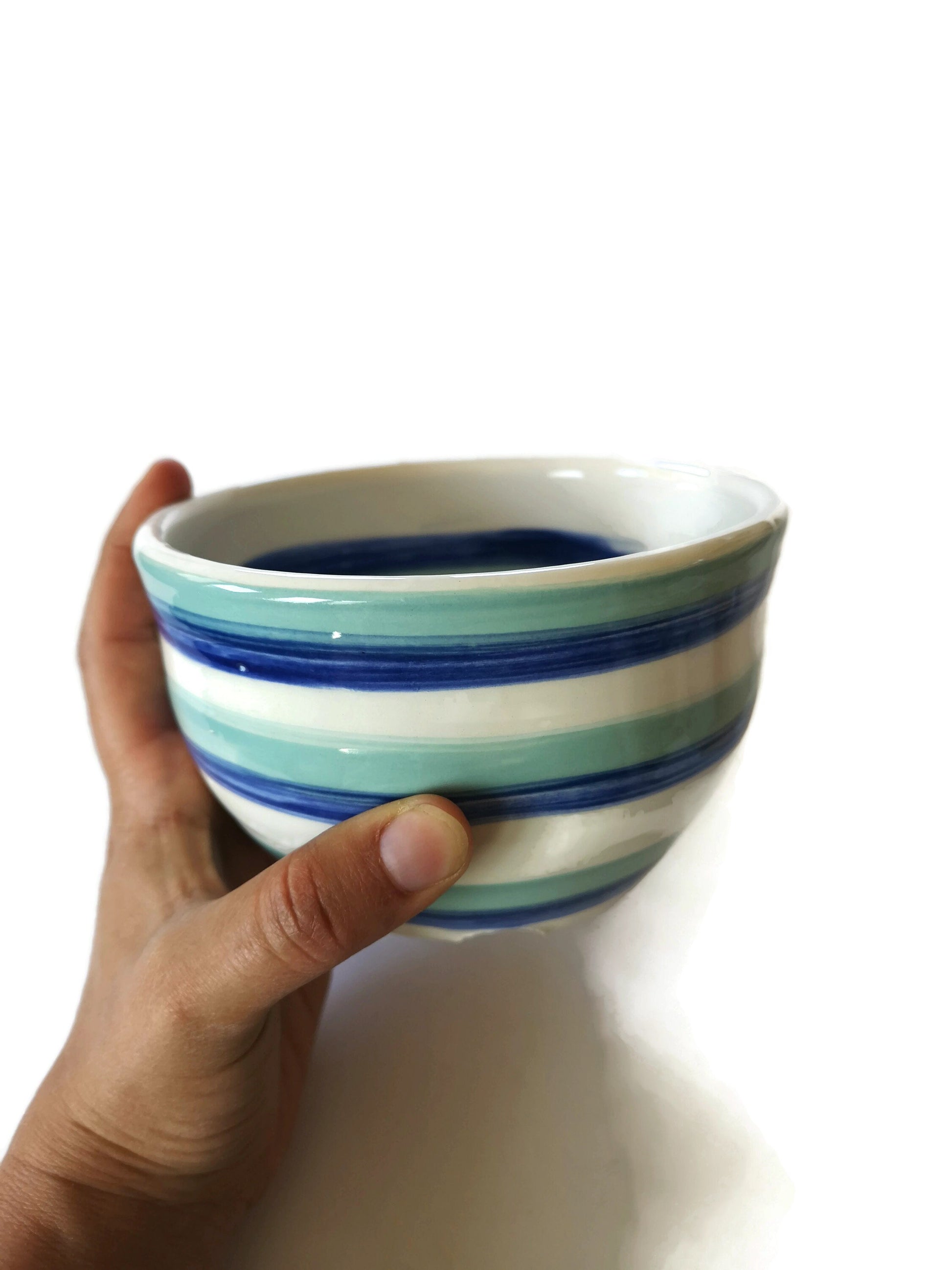 Hand Painted Turquoise Blue Striped Bowl, housewarming gift first home for her, Mom Birthday Gifts From Daughter, Best Sellers Pasta Bowls - Ceramica Ana Rafael