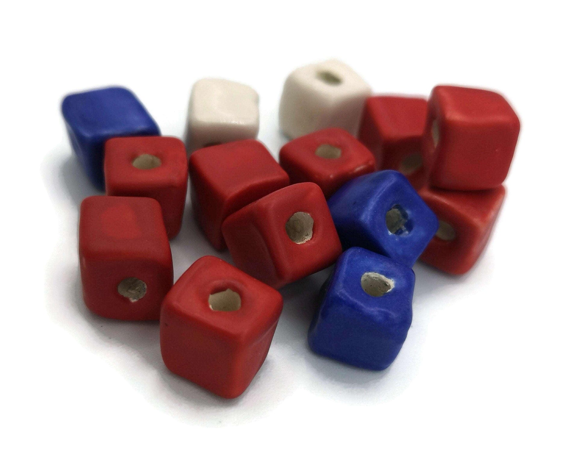 14 Pc Square Ceramic Beads Set, Assorted Royal Blue Red And White Porcelain Beads 10mm, Handmade Clay Jewelry Making Beads, Best Selling