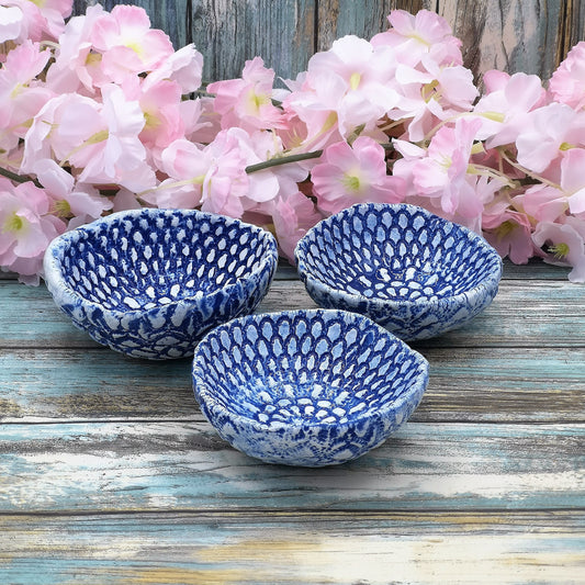 3Pc Handmade Ceramic Lace Texture Blue Trinket Bowl, Clay Ring Dish Bridal Shower Favors, Mothers Day Gift From Daughter Best Seller - Ceramica Ana Rafael