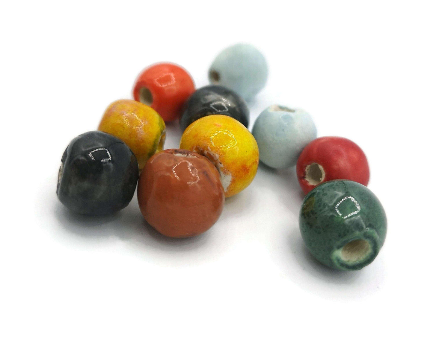 10Pc Round Assorted Beads Set, Handmade Ceramic Beads For Jewelry Making, Unique Artisan Clay Beads For Macrame Smooth And Durable Supplies