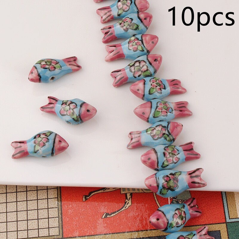 Hand-Painted Ceramic Fish Beads, 13x27mm Large Hole Macrame Beads