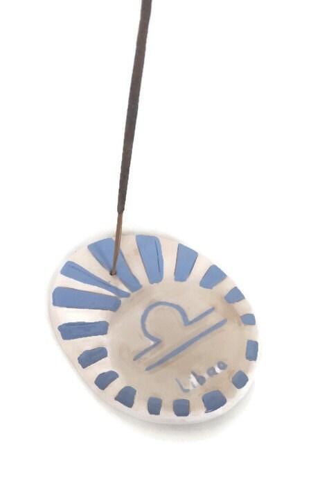 Handmade Ceramic Incense Stick Holder With Zodiac Sign, Hand Painted Blue And White Libra Incense Cone Burner, 9th Anniversary Gift Idea - Ceramica Ana Rafael