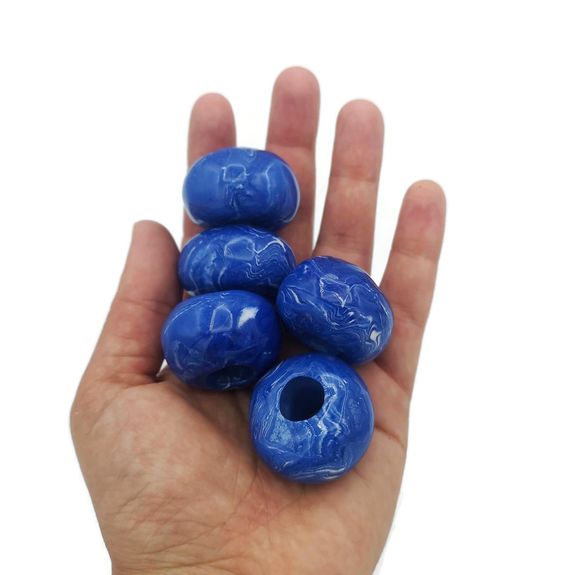 5Pc Large Ceramic Beads For Macrame and Statement Jewelry Making, Marbled White and Blue Clay Beads With Large Holes - Ceramica Ana Rafael