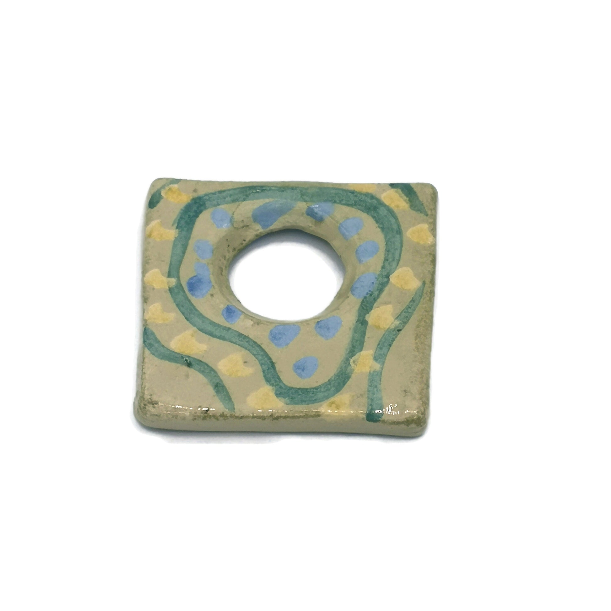 Geometric Necklace Pendant For Jewelry Making, Large Handmade Ceramic Components Artisan Hand Painted Square Shape Porcelain Charm For Women - Ceramica Ana Rafael