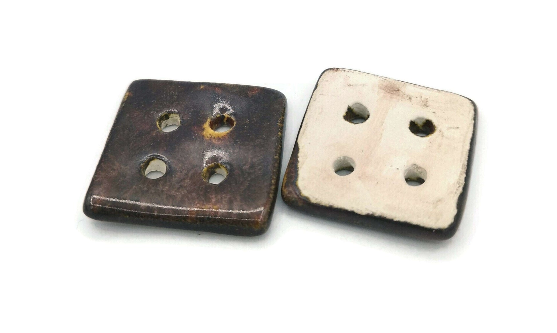 2Pc 30mm Handmade Ceramic Sewing Buttons, Square 4 Hole Buttons for Crafts, Sparkly Brown Large Buttons for Coat