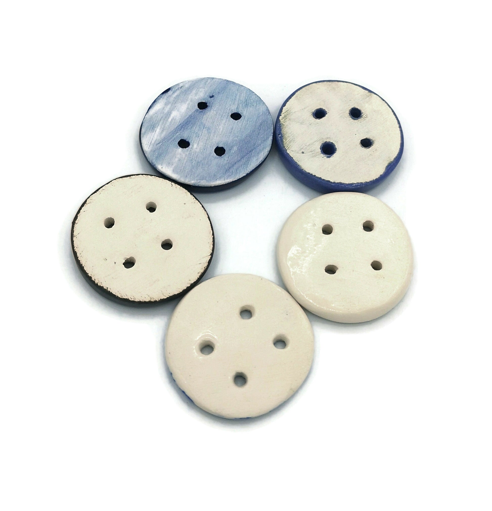 5Pc 40mm Round Sewing Buttons, Handmade Ceramic Unique Coat Buttons Set, Blue Sewing Button For Jewelry Making, Sewing Supplies And Notions - Ceramica Ana Rafael