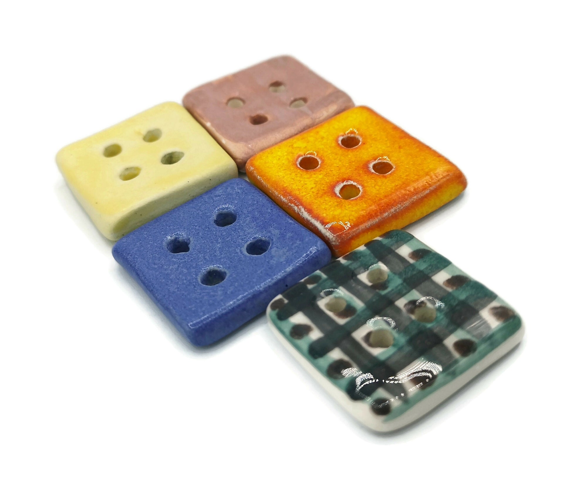 5Pc 30mm Extra Large Sewing Buttons Square Shape 4 Holes Flat Back, Unique Colorful Handmade Ceramic Buttons With Hand Painted Glossy Glaze - Ceramica Ana Rafael