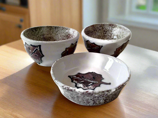 3-Piece Handmade Ceramic Bowl Set – Hand-Painted Leaves, Unique Autumn Home Decor