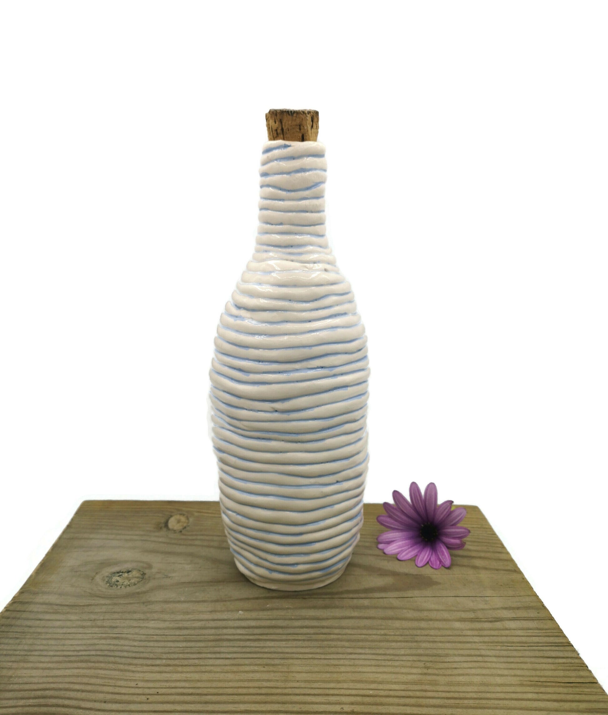 Handmade Ceramic Decorative Blue Bottle With Natural Cork Stopper, Farmhouse Decor Vase Best Gifts For Him, Dad Birthday Gift From Daughter - Ceramica Ana Rafael