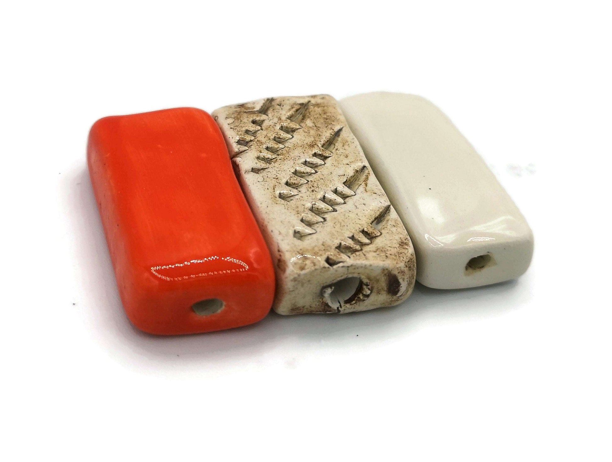 3Pc 35mm Large Ceramic Beads for Jewelry Making, Macrame Supplies, Handmade Clay Beads Rectangular, Unusual Beads - Ceramica Ana Rafael