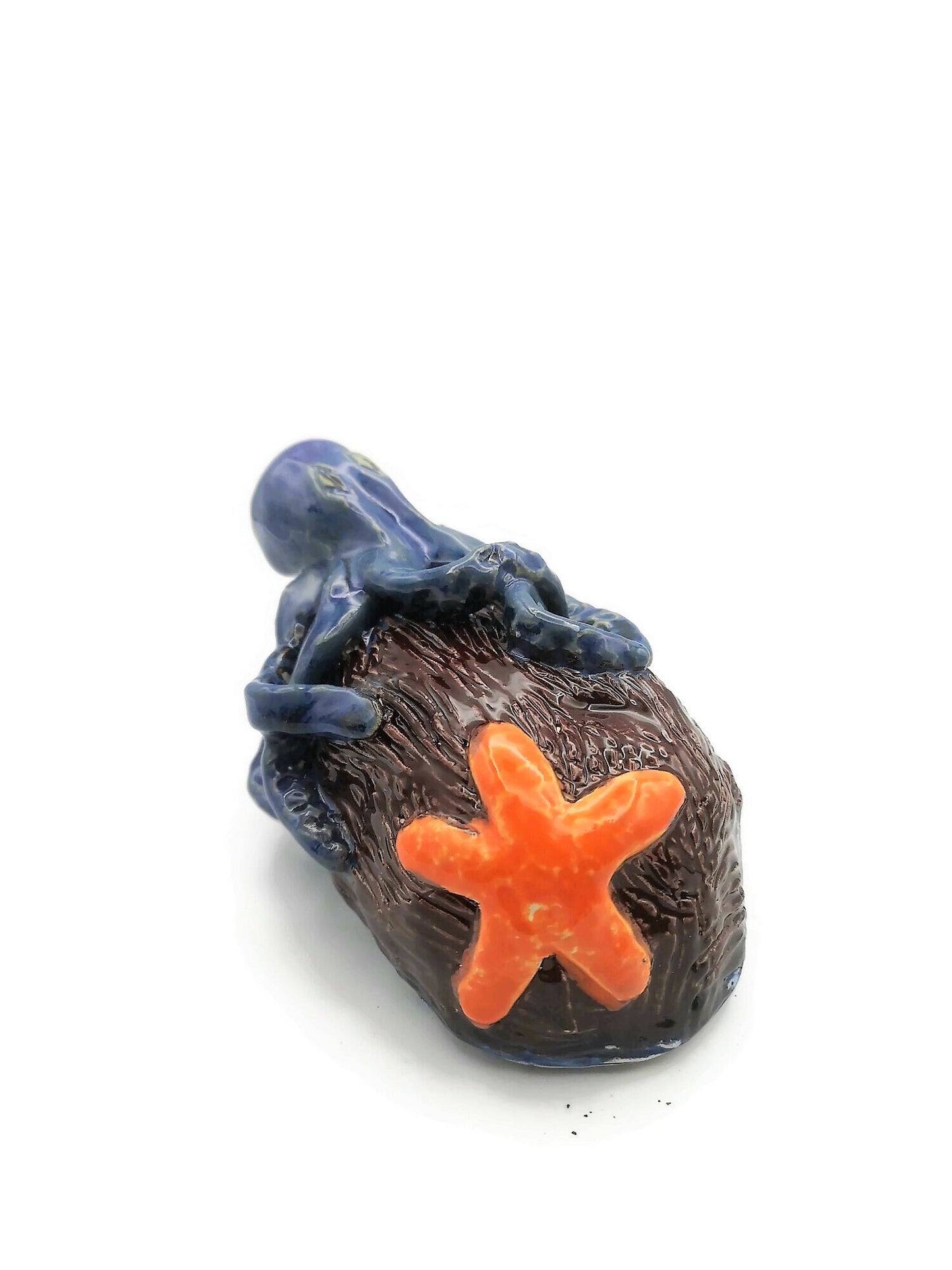 Handmade Blue Ceramic Octopus And Orange Starfish Sculpture, Modern Contemporary Coastal Home Decor For Table or Shelf - Ceramica Ana Rafael