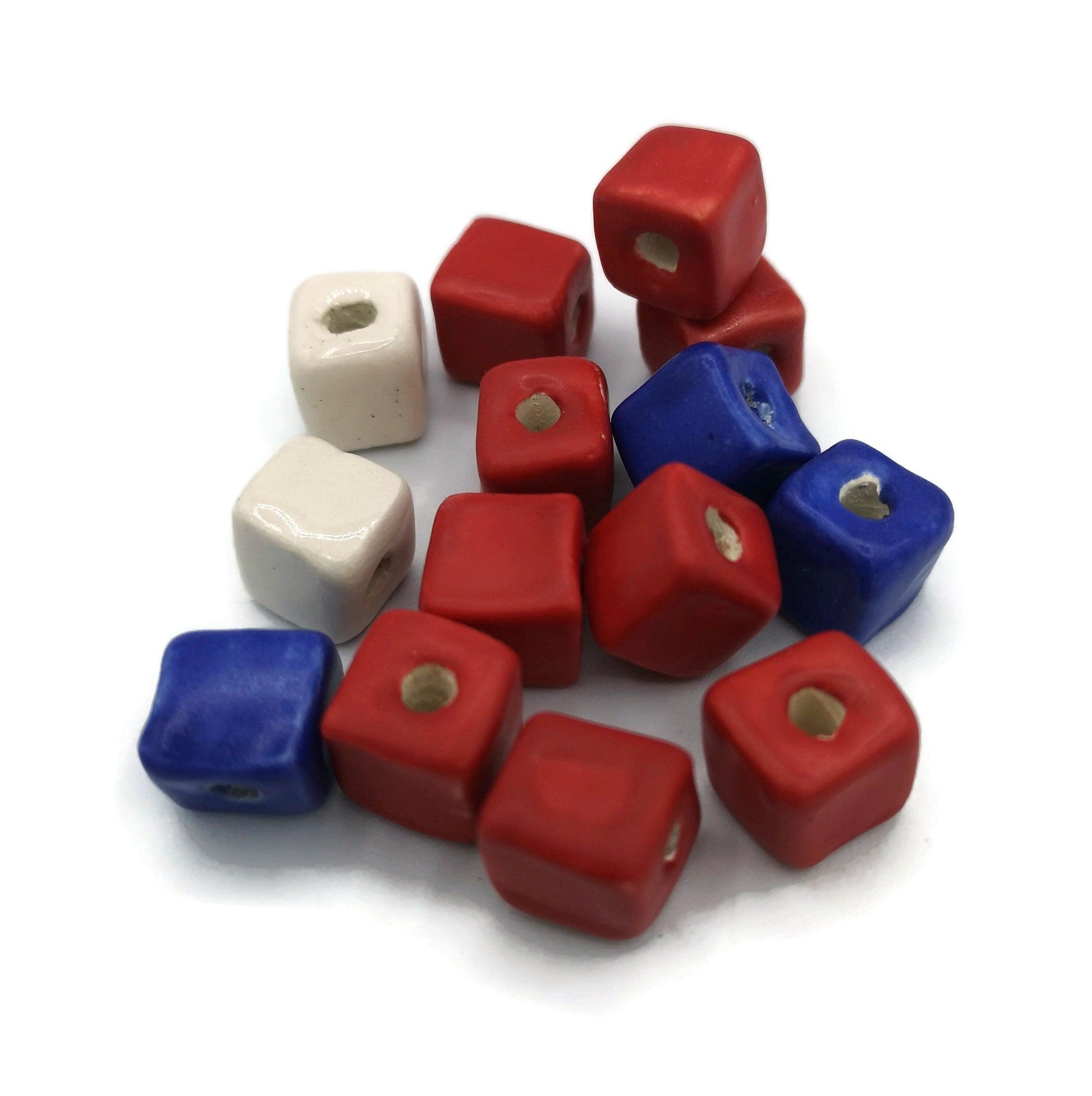 14 Pc Square Ceramic Beads Set, Assorted Royal Blue Red And White Porcelain Beads 10mm, Handmade Clay Jewelry Making Beads - Ceramica Ana Rafael