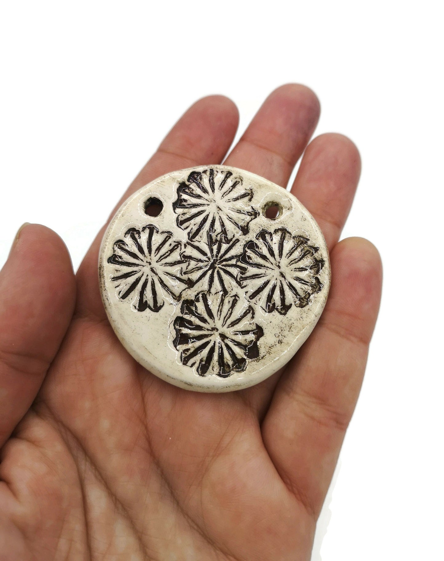 LARGE CIRCLE PENDANT For Necklace With Imprinted Poppy Design, Handcrafted Ceramic Components For Unique Jewelry Making - Ceramica Ana Rafael