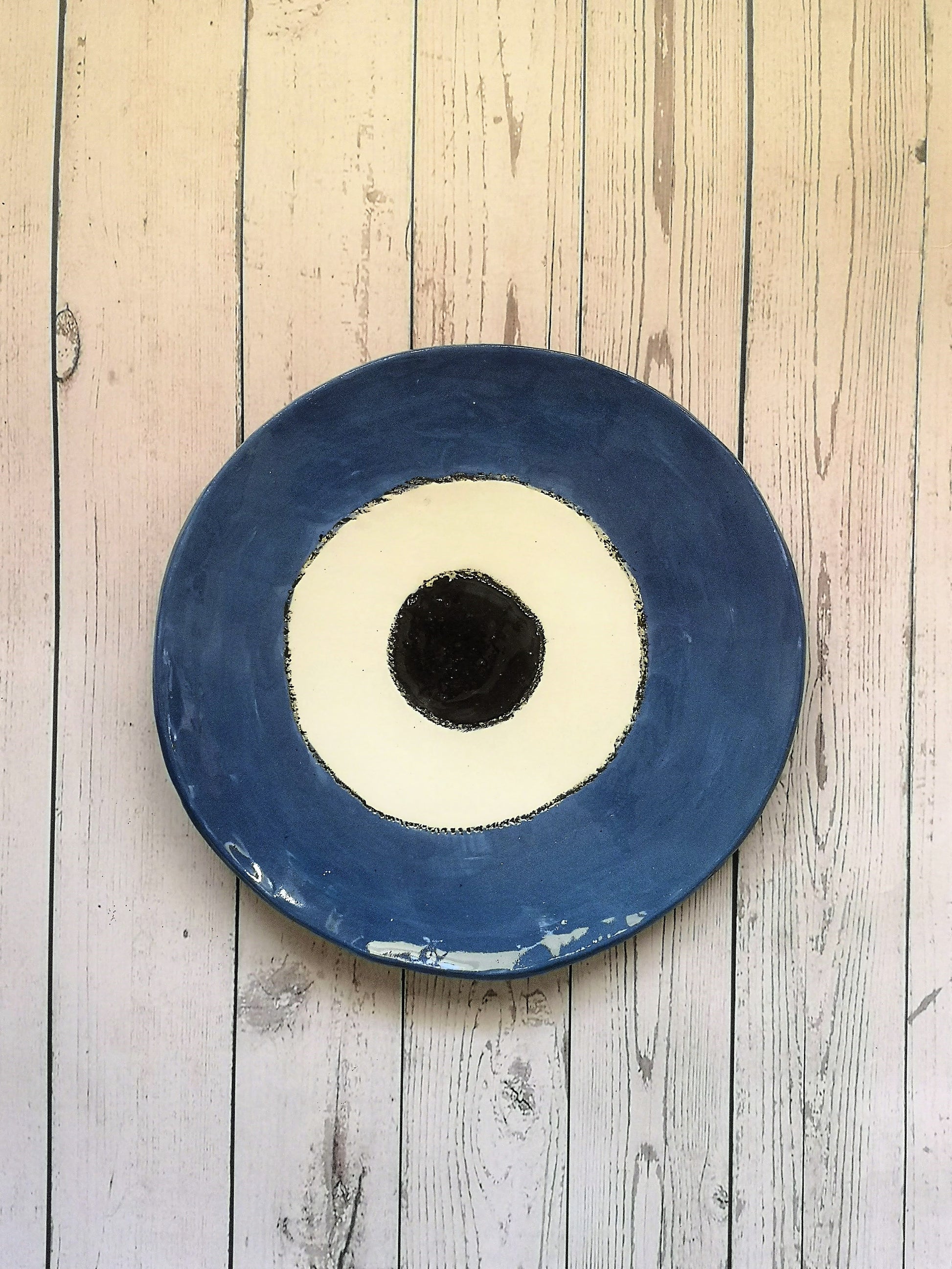 Handmade Ceramic Blue Evil Eye Decorative Plate For Display, Custom 9th anniversary gift for wife, Portuguese wall decor living room - Ceramica Ana Rafael