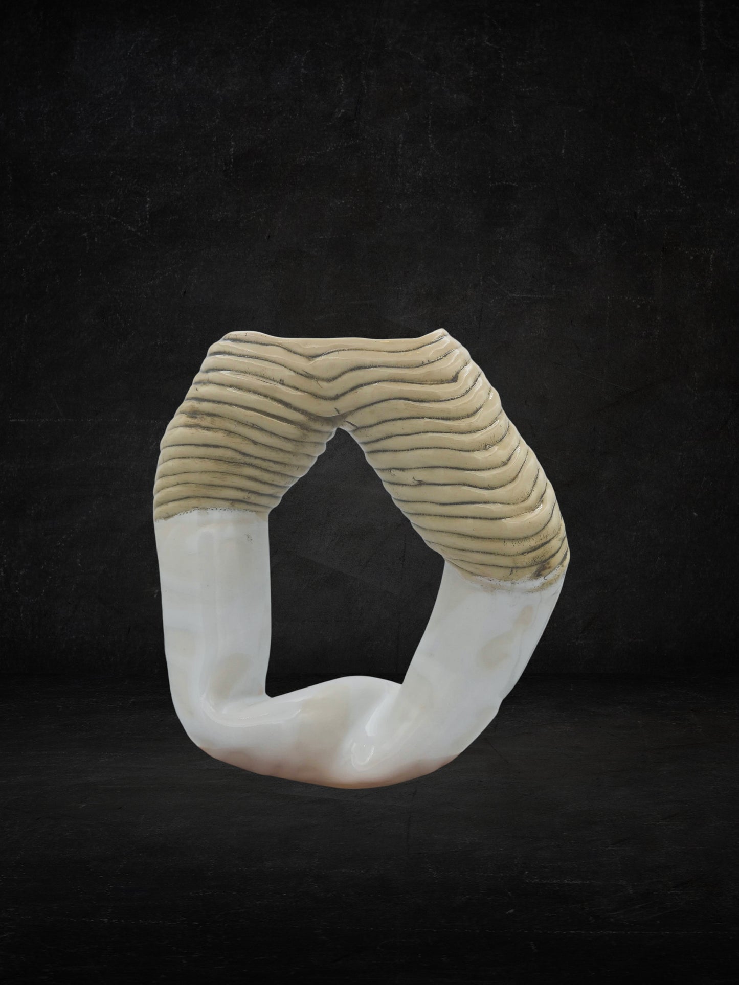 Mid Century Modern Vase, Handmade Ceramic Hollow Sculpture Contemporary Art, Textured Beige And White Portuguese Pottery Organic Shape - Ceramica Ana Rafael