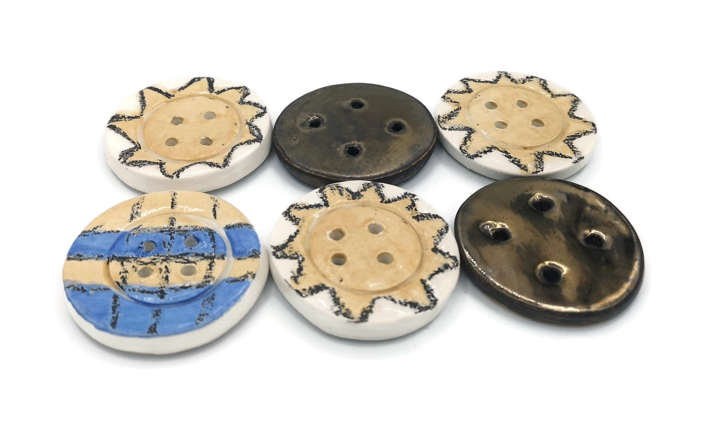 Set Of 6 Hand Painted Flat Buttons, Sun Buttons Sewing Supplies And Notions, Handmade Ceramic Strange And Unusual Metal Buttons - Ceramica Ana Rafael