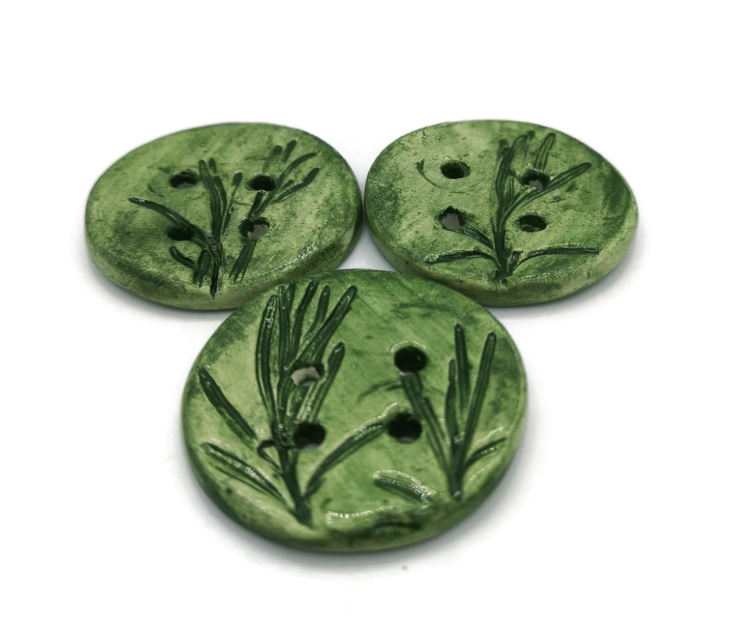 3Pcs 45mm Extra Large Handmade Ceramic Buttons, Round Sewing Buttons, Unique Rosemary Leaves Handmade Pottery Designer Buttons For Crafts - Ceramica Ana Rafael