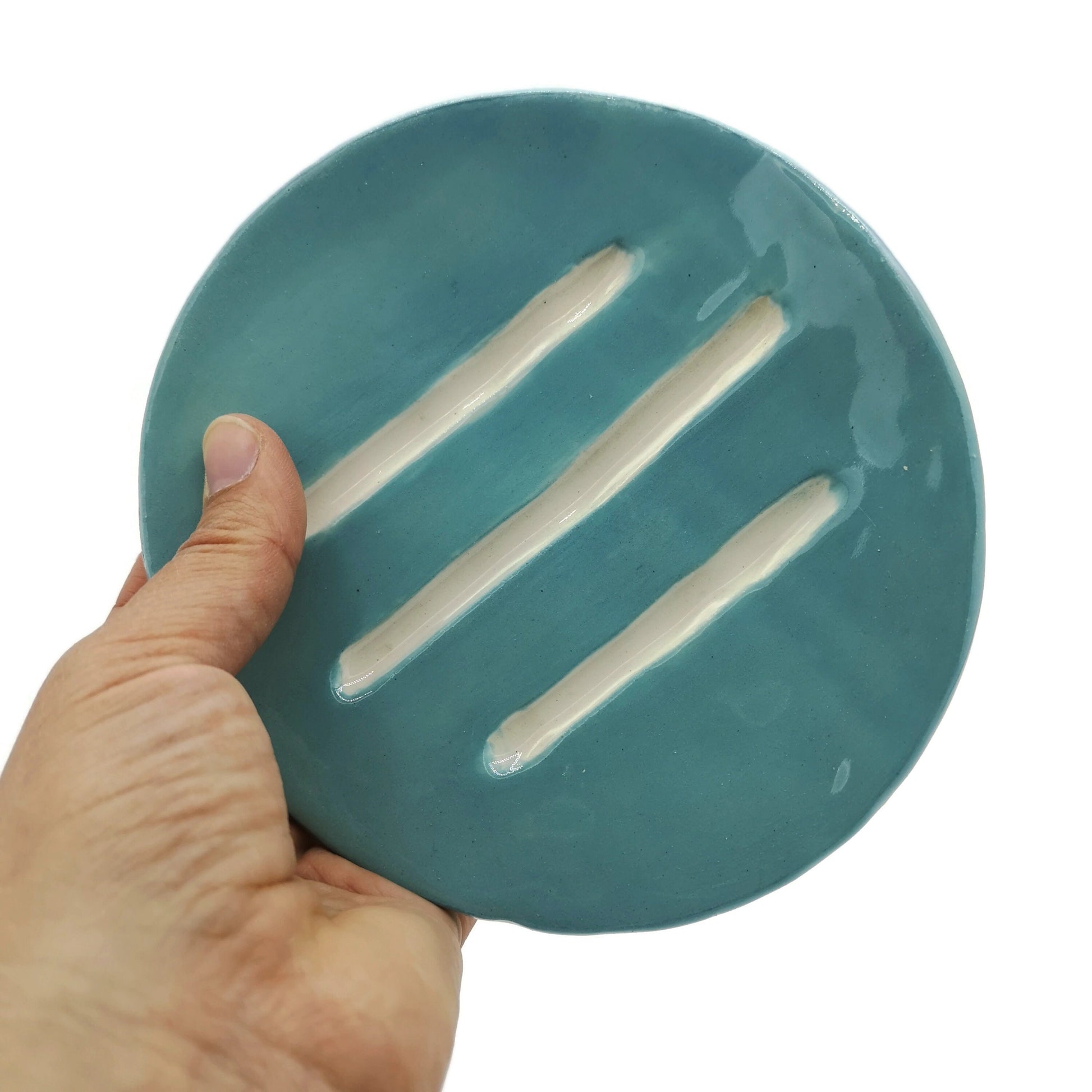 Handmade Ceramic Blue Round Soap Dish With Drain, Draining Soap Bar Holder, Clay Tray, Sustainable Bathroom Accessories - Ceramica Ana Rafael