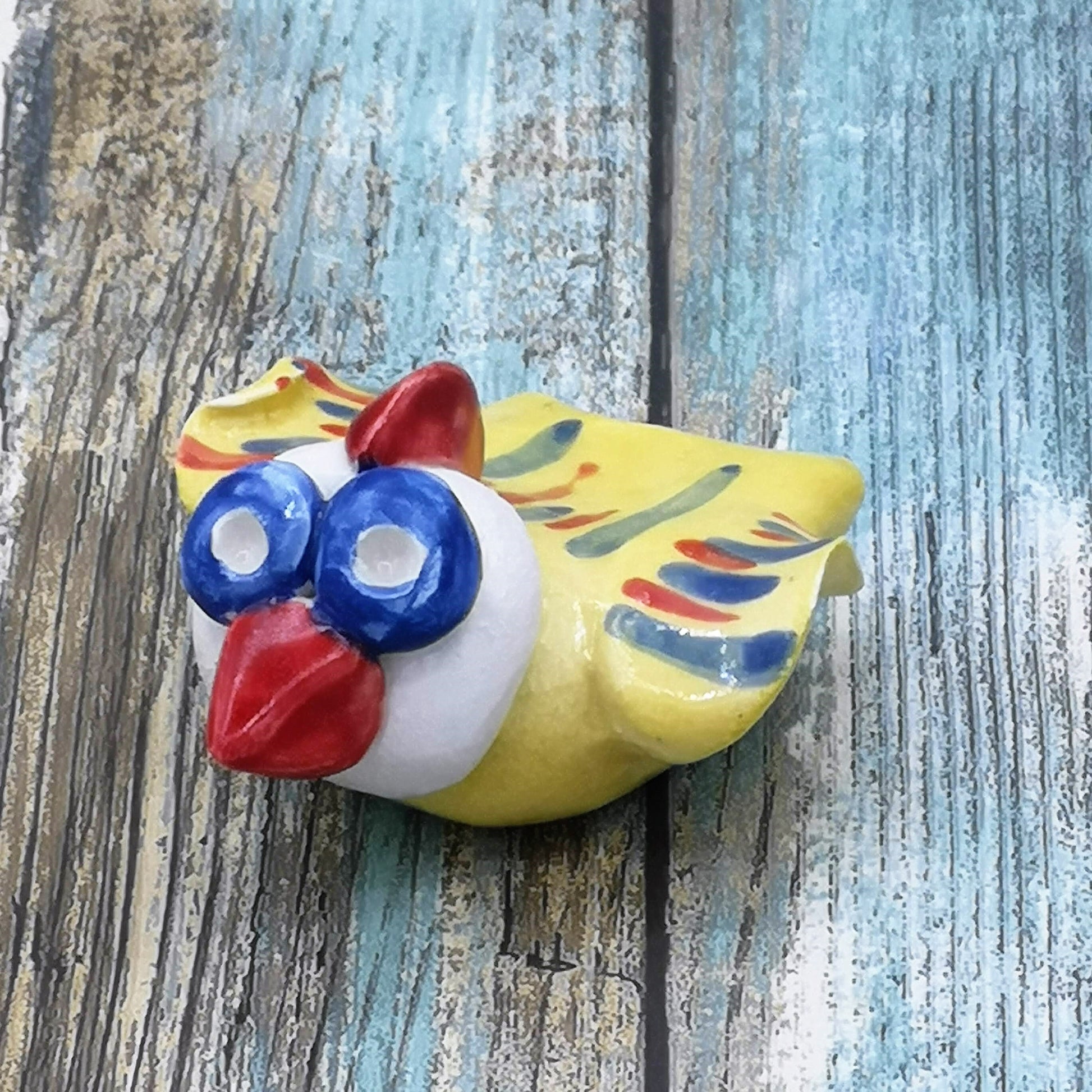 Handmade Ceramic Bird Sculpture Hand Painted Yellow, Modern Rooster Figurine, Cute Clay Sculpture Chicken Gifts, Reusable Animal Cake Topper - Ceramica Ana Rafael