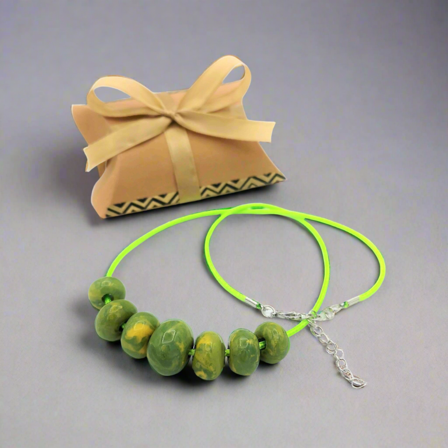 Handmade Green Boho Statement Necklace | Unique Ceramic Beaded Jewelry | Best Gifts for Her