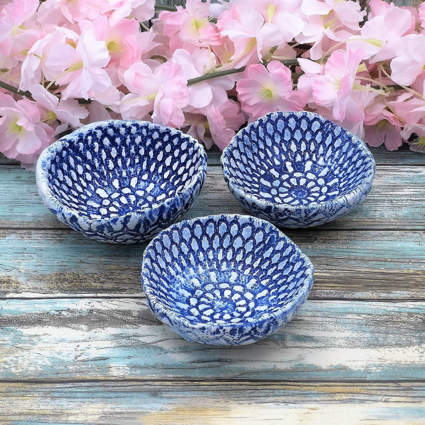 3Pc Handmade Ceramic Lace Texture Blue Trinket Bowl, Clay Ring Dish Bridal Shower Favors, Mothers Day Gift From Daughter Best Seller - Ceramica Ana Rafael