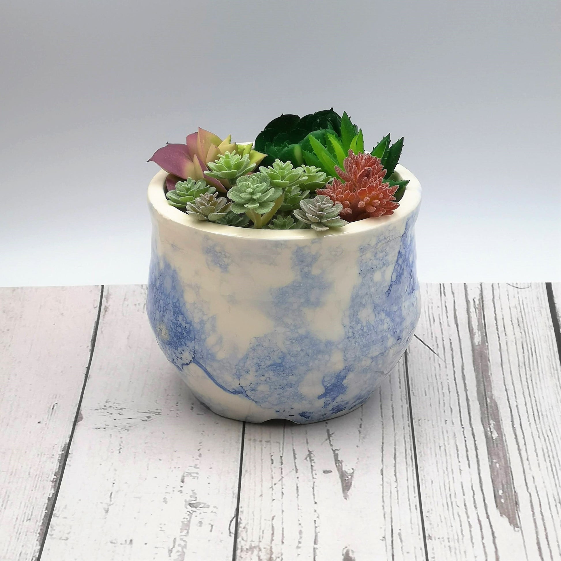 Handmade Ceramic Succulent Planter Pot with Drain Holes, Hand Painted White And Blue Pottery Vase, Office Desk Accessories For Women - Ceramica Ana Rafael