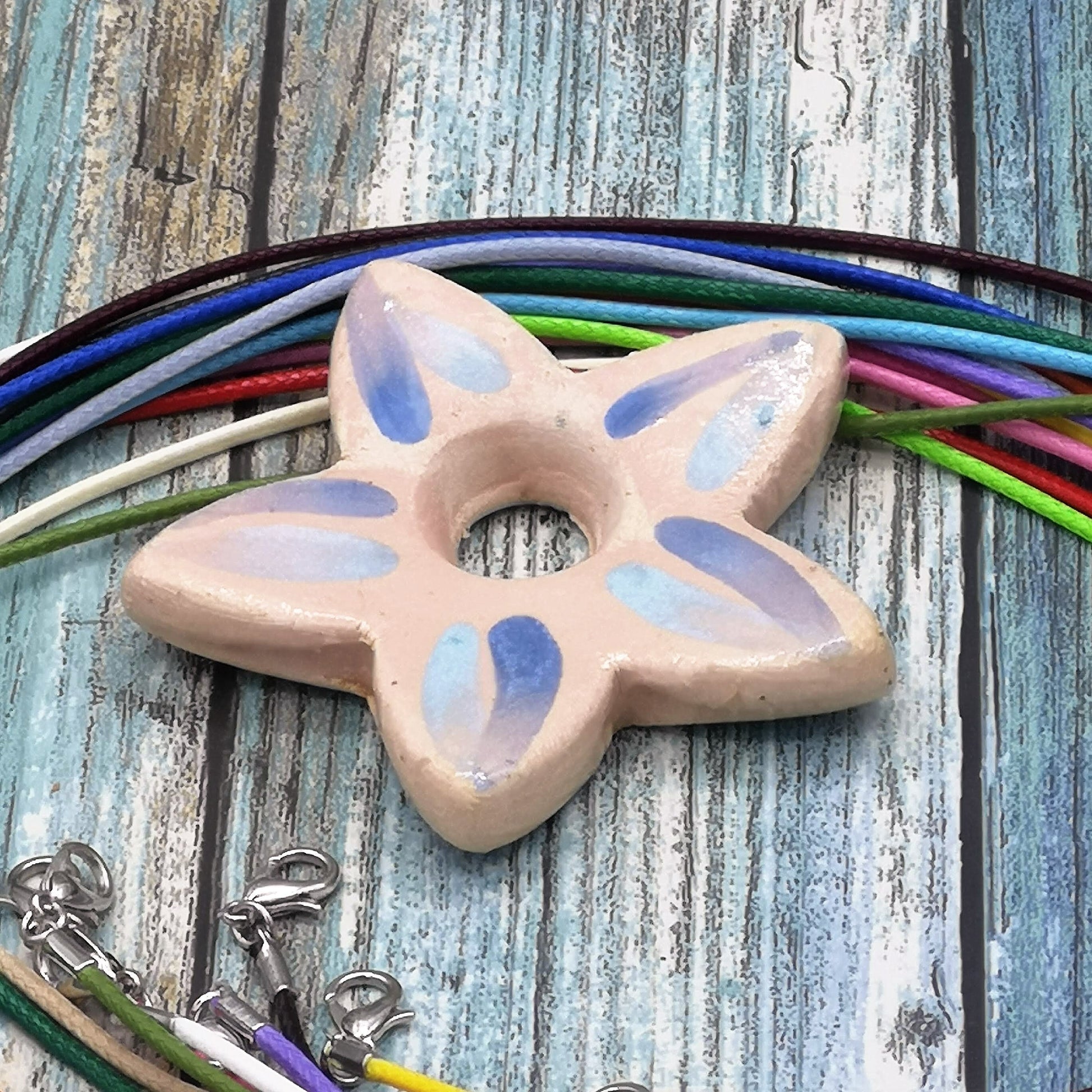 Handmade Ceramic Large Necklace Pendant For Jewelry Making, Big Artisan Flower Charms Hand Painted Beige And Blue, Cute Clay Charms - Ceramica Ana Rafael