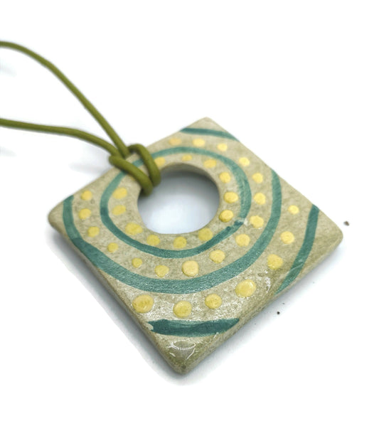 Unique Extra Large Square Necklace Pendant For Statement Jewelry Making, Aesthetic Handmade Ceramic Charm Hand Painted Green And Yellow Clay - Ceramica Ana Rafael