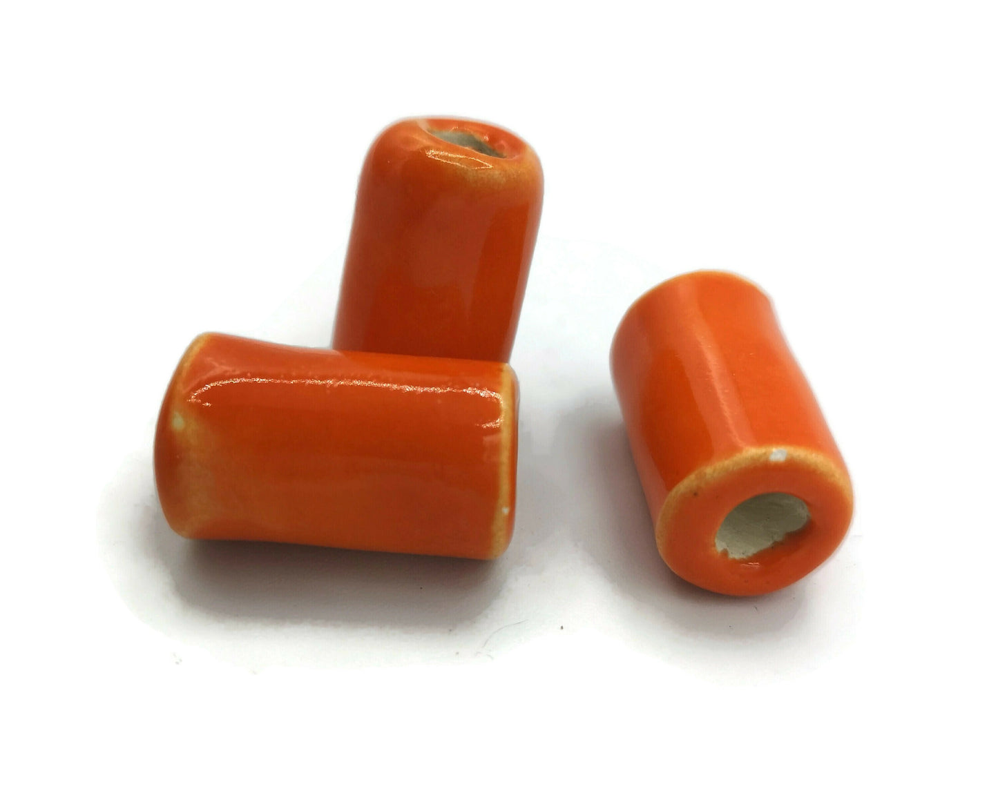 3 Stück 25 mm orange extra große handgefertigte Keramik-Röhrenperlen zur Schmuckherstellung, Makramee-Perlen, großes Loch, 5 mm lange Tonperlen für DIY-Bastelarbeiten