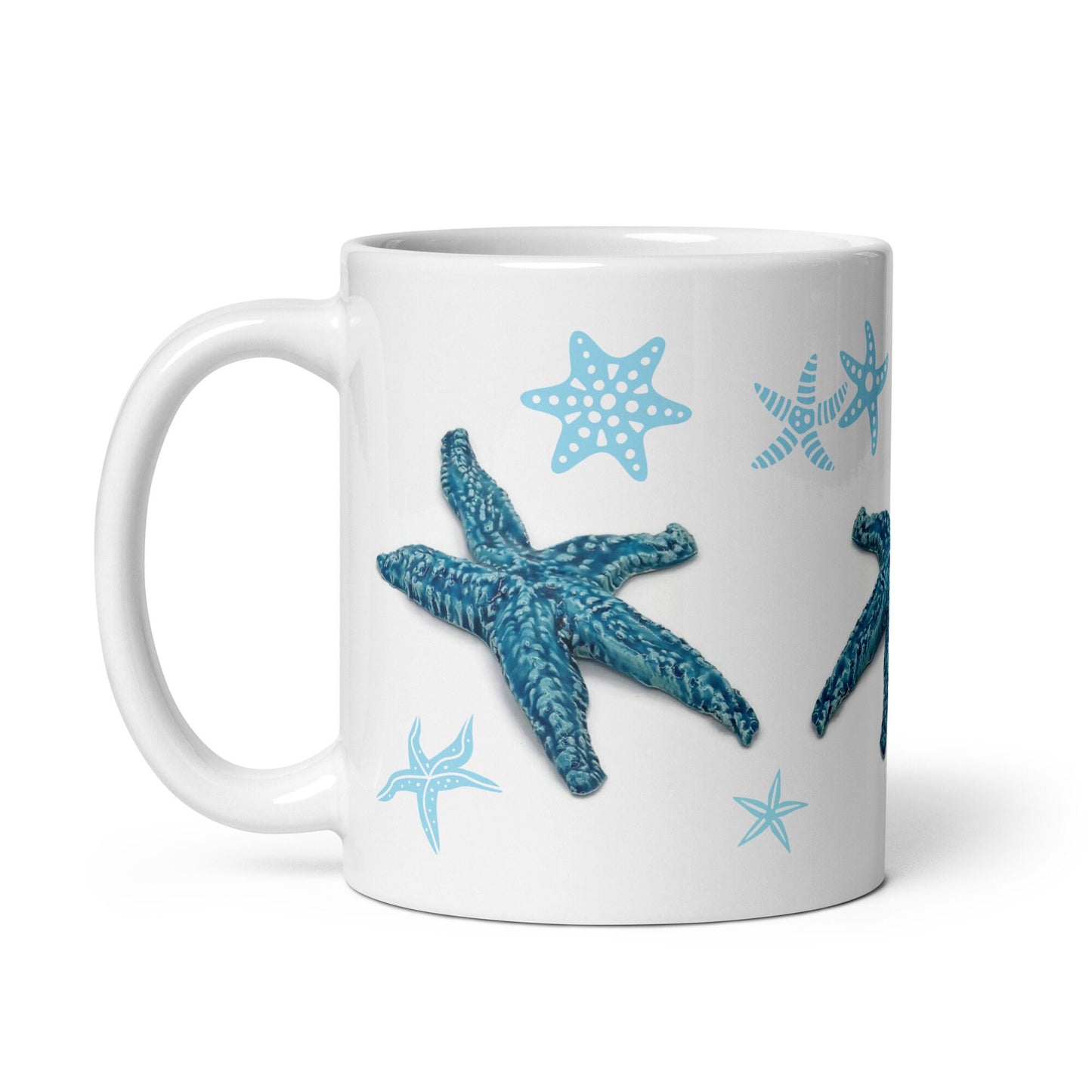 Taza de cerámica hecha a mano azul con decoración de estrella de mar, taza de café grande de 11 oz, los mejores regalos de cumpleaños tropicales para los amantes del mar