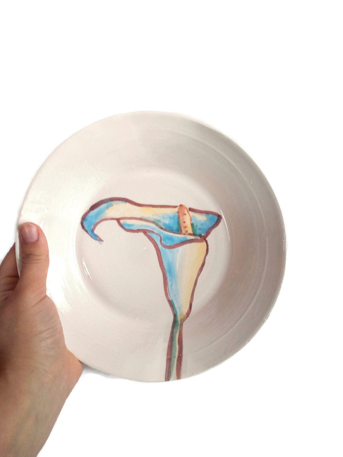 Handmade Ceramic Round Plate Hand Painted Calla Lily, Portuguese Pottery Wall Decor Use For Serving Dish, Unique Dinner Plates For Display - Ceramica Ana Rafael