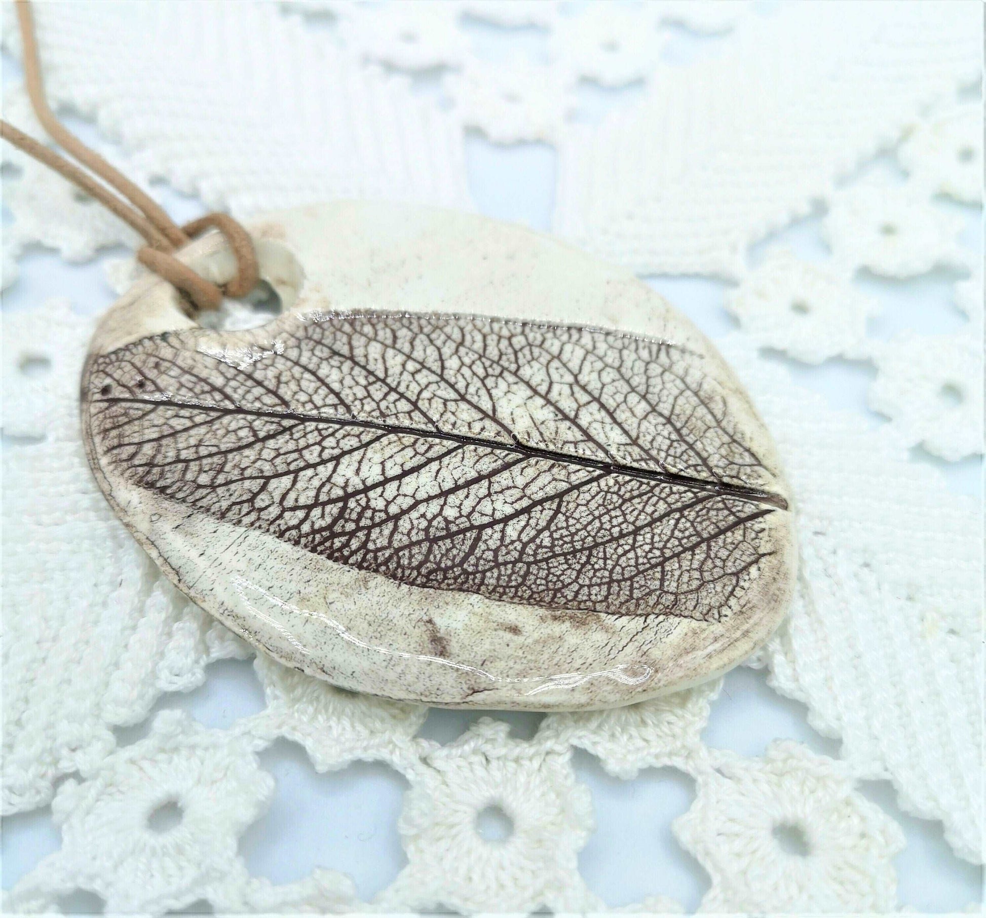 1Pc 85mm Extra Large Handmade Ceramic Necklace Pendant for Jewelry Making, Rustic Pressed Sage Leavf Jumbo Clay Charm For Eclectic Fashion