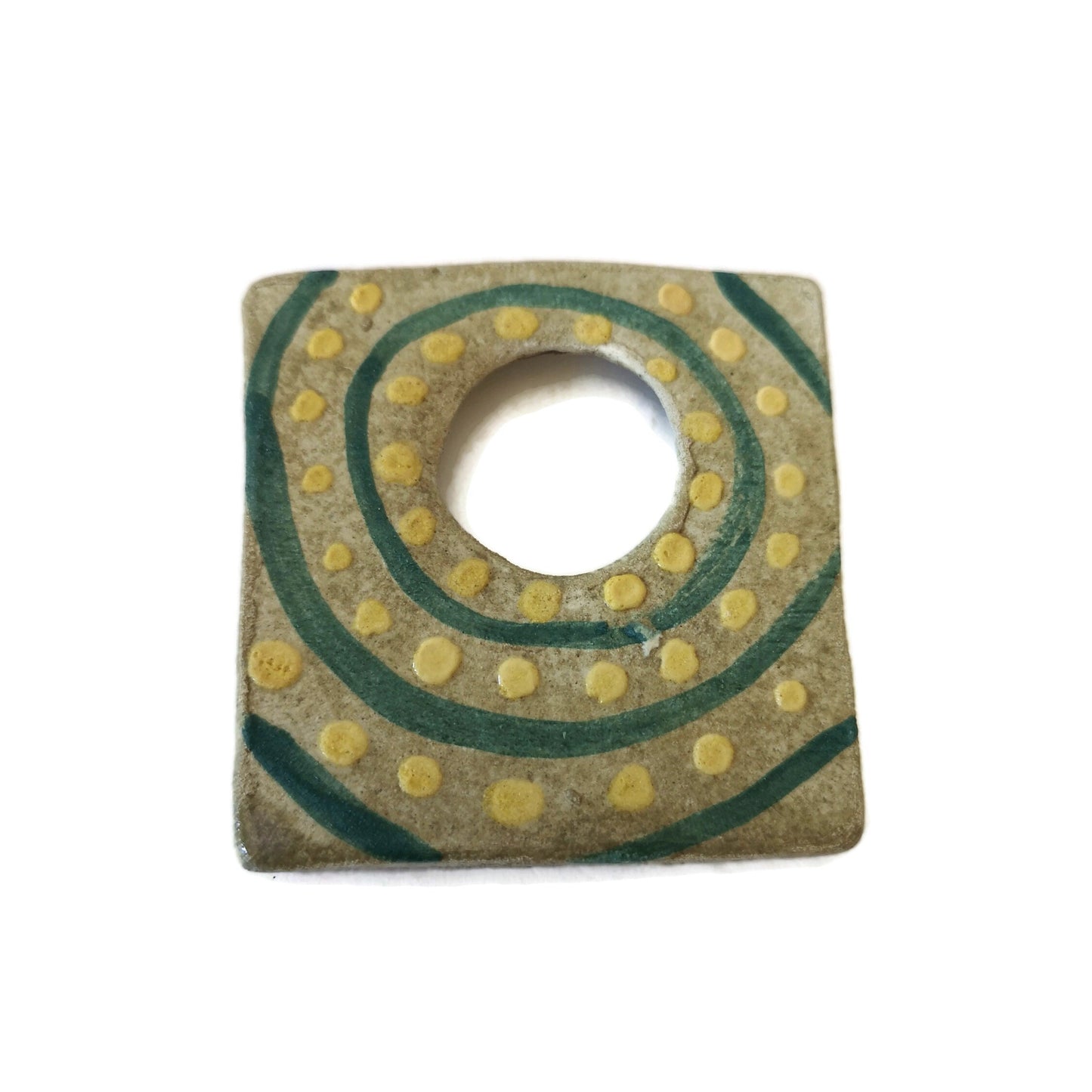 Unique Extra Large Square Necklace Pendant For Statement Jewelry Making, Aesthetic Handmade Ceramic Charm Hand Painted Green And Yellow Clay - Ceramica Ana Rafael