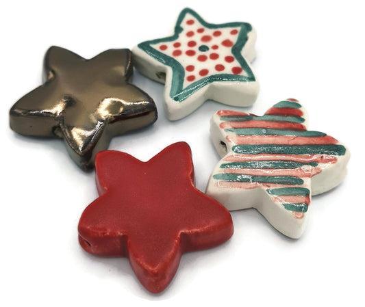 4Pcs 35mm Extra Large Handmade Ceramic Star Beads For Christmas Themed Jewelry Making, Assorted Clay Macrame Beads Large Hole 2mm - Ceramica Ana Rafael