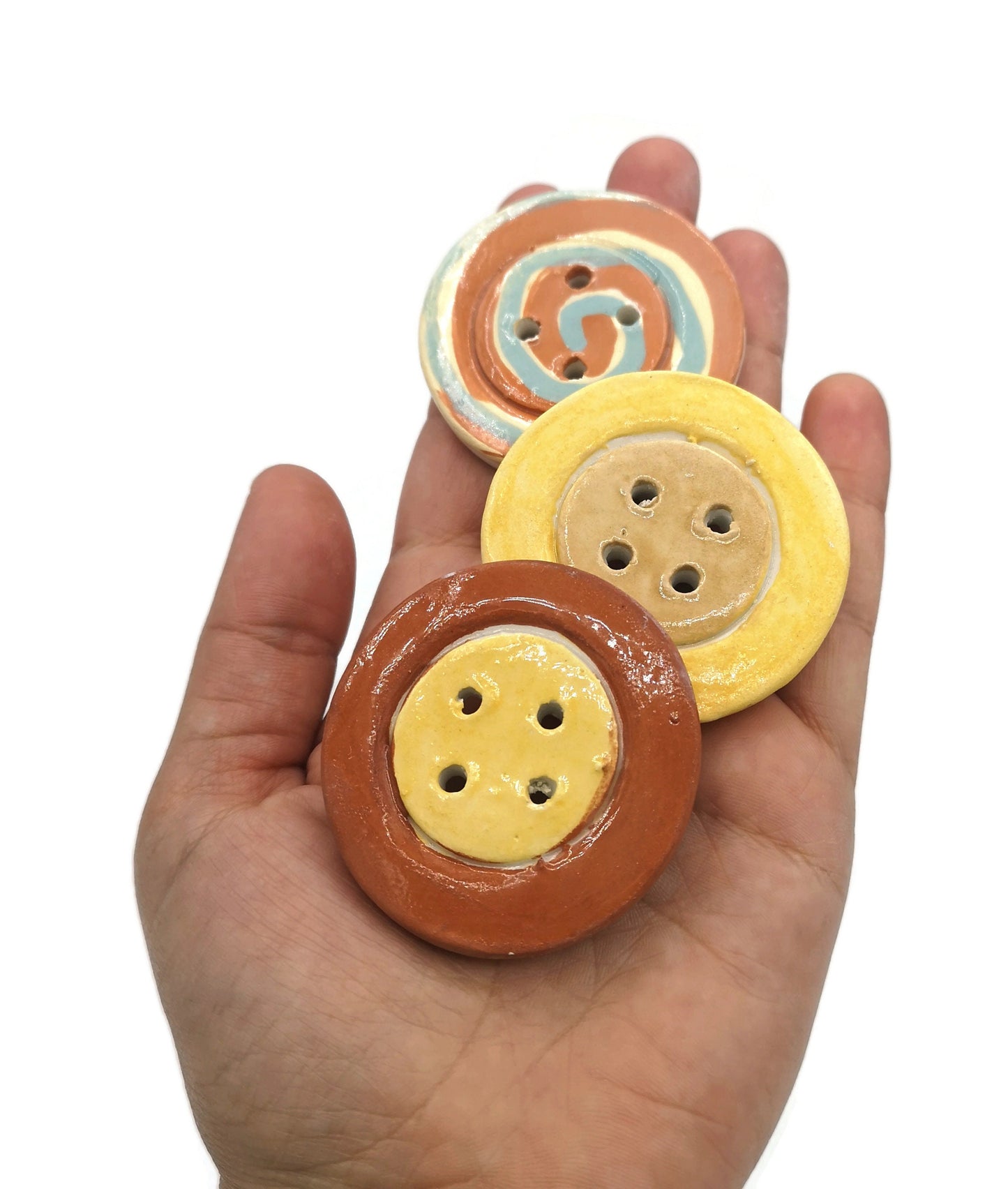 3Pc 45mm Extra Large Handmade Ceramic Novelty Sewing Buttons, Strange And Unusual Hand Painted Clay Buttons Lot Round Coat Button Decorative - Ceramica Ana Rafael