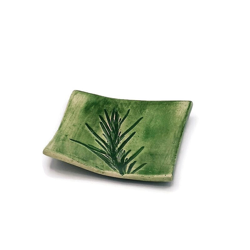 1Pc Clay Ring Dish, Plant Lovers Birthday Gifts, square ceramic trinket dish, 9th-anniversary gift, Sage Flower or Rosemary Leaves Design - Ceramica Ana Rafael