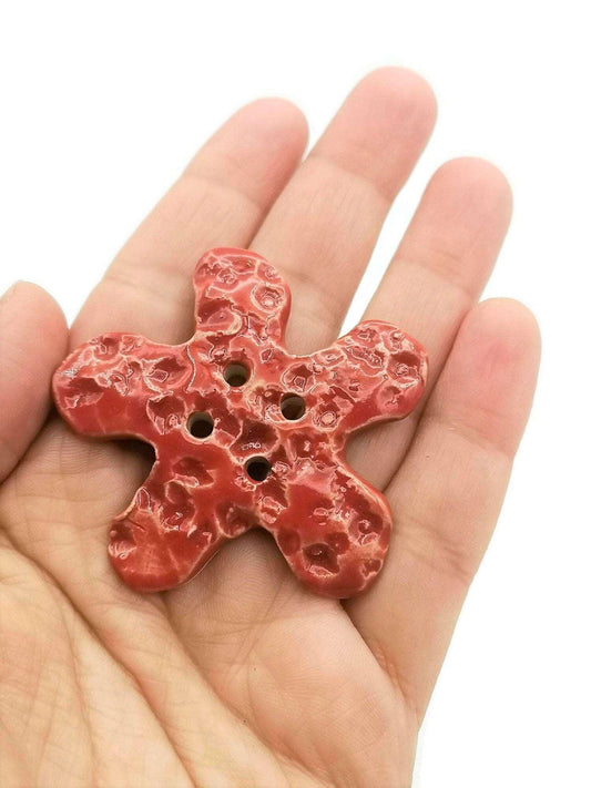 1Pc 50 mm Red Handmade Ceramic Star Extra Large Sewing Buttons, Giant Decorative Novelty Buttons for Crafts, Big Coat Buttons, Jumbo Button