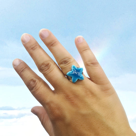 Handmade Ceramic Blue Star Ring For Women, Stainless Steel Adjustable Ring, Porcelain Best 9th Anniversary Gifts For Her, Unique Chunky Ring - Ceramica Ana Rafael