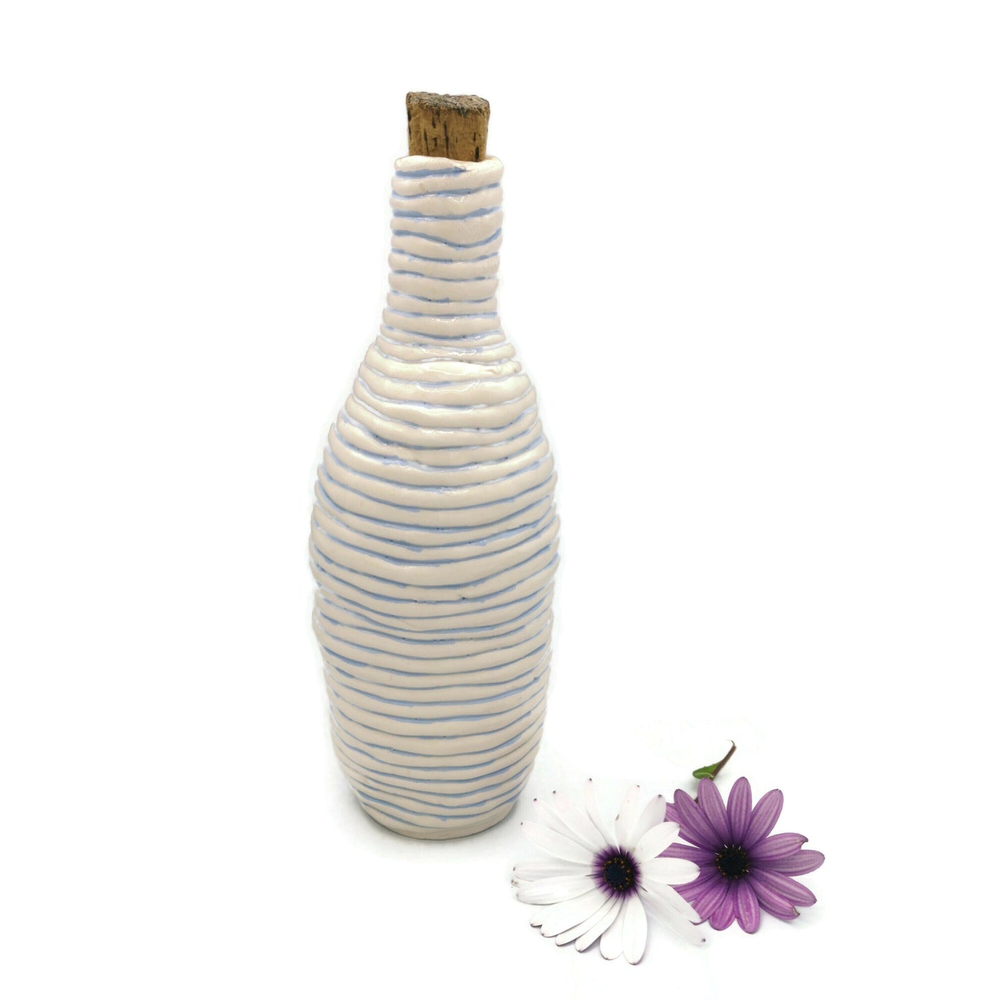 Handmade Ceramic Decorative Blue Bottle With Natural Cork Stopper, Farmhouse Decor Vase Best Gifts For Him, Dad Birthday Gift From Daughter - Ceramica Ana Rafael