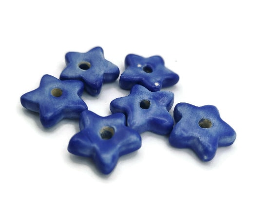 6Pc Clay Star Beads For Jewelry Making, Blue or Yellow Handmade Ceramic Macrame Beads , Cute Unusual Porcelain Beads - Ceramica Ana Rafael